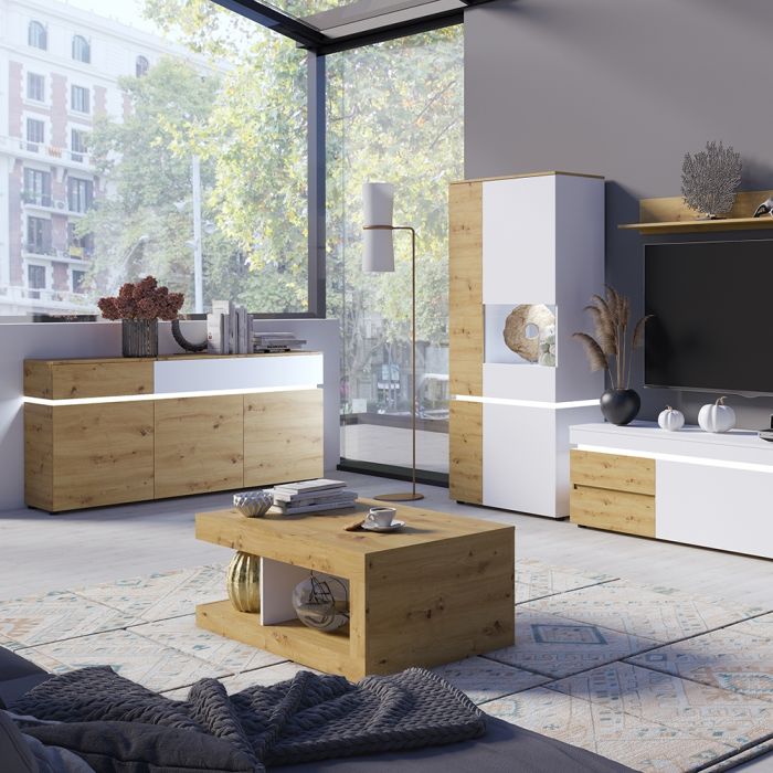 The 'Blake' 3 Door 2 Drawer Sideboard (including LED lighting) in White and Oak