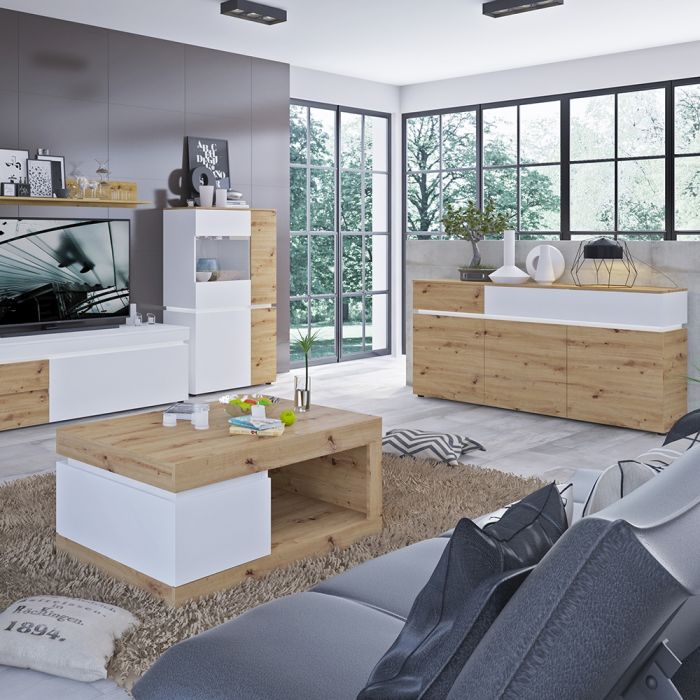 The 'Blake' 3 Door 2 Drawer Sideboard (including LED lighting) in White and Oak