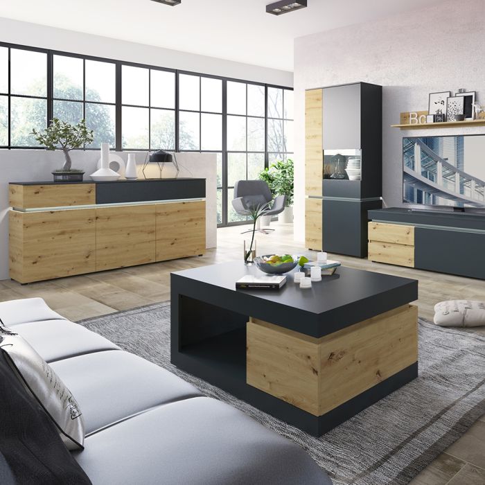 The 'Blake' 3 Door 2 Drawer Sideboard (including LED lighting) in Platinum and Oak