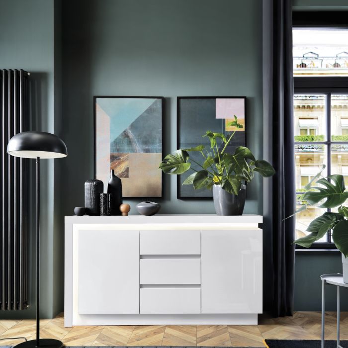 2 Door 3 Drawer Sideboard (including LED lighting) in White and High Gloss