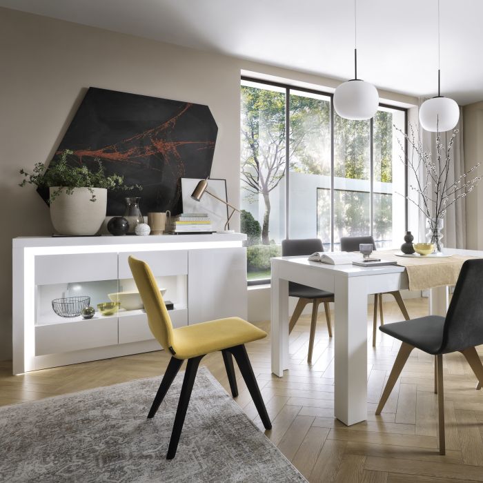 Grande table à manger extensible 160-200 cm en blanc et brillant