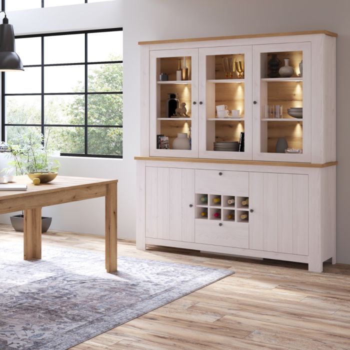 Vitrina de 3 puertas en color blanco y roble para aparador