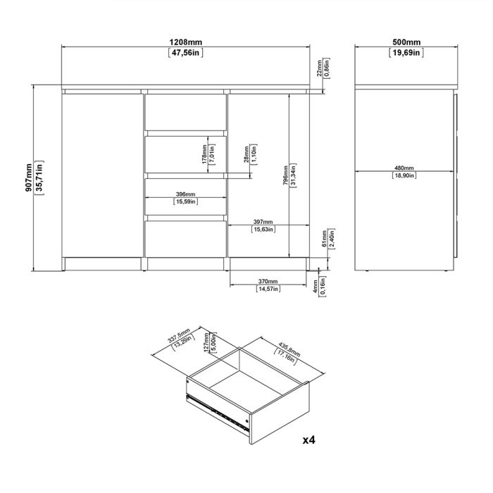 Sideboard 4 Drawers 2 Doors in Black Matt