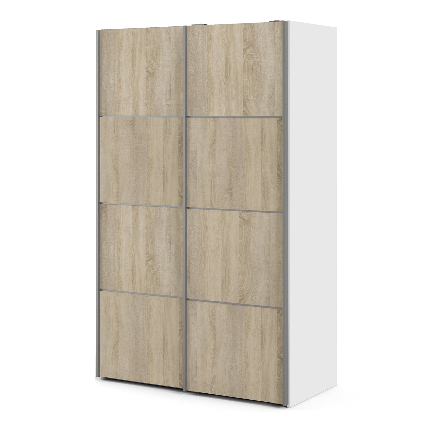 La collection « Patsy ». Armoire coulissante 120 cm en blanc avec portes en chêne et 2 étagères