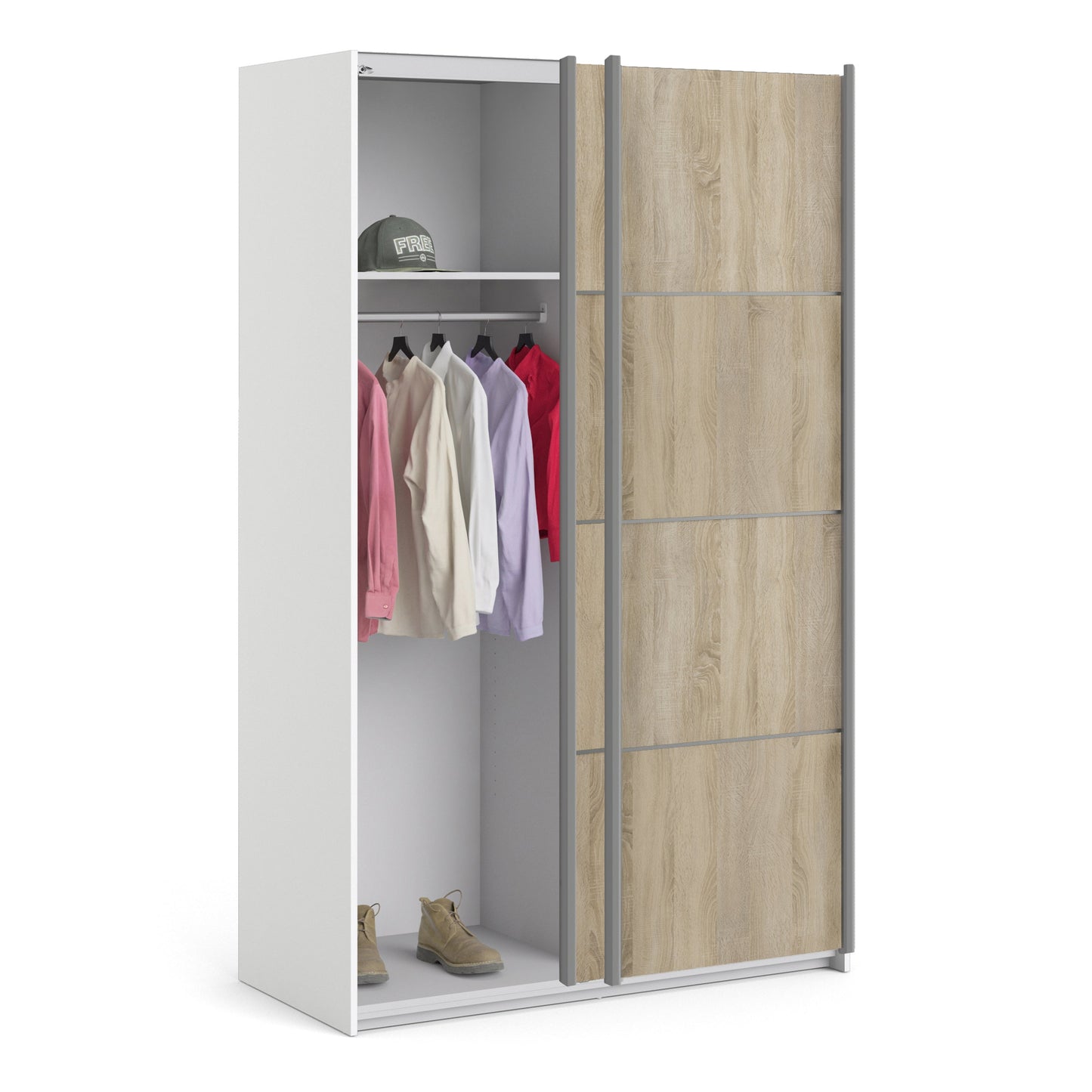 La collection « Patsy ». Armoire coulissante 120 cm en blanc avec portes en chêne et 2 étagères