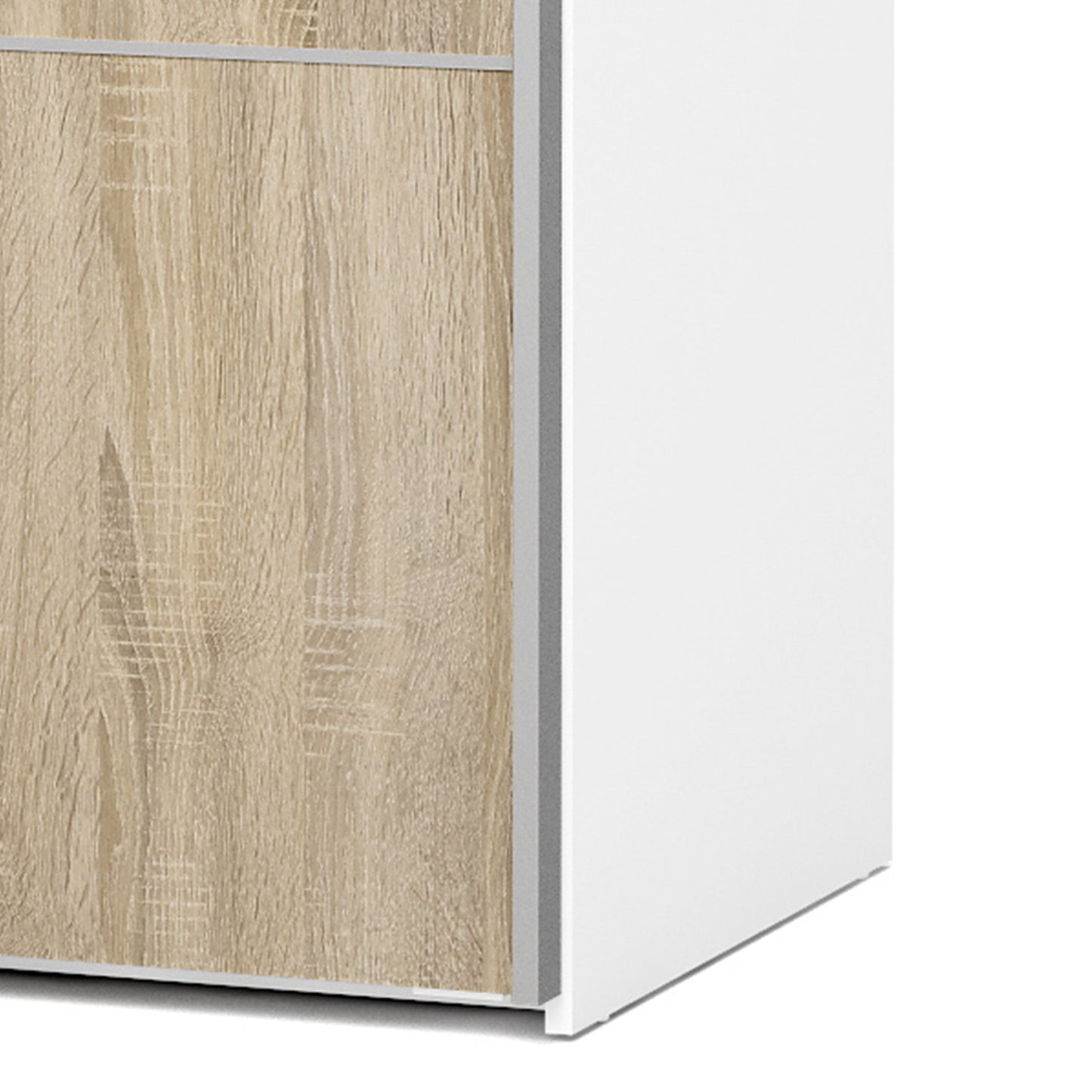 La collection « Patsy ». Armoire coulissante 120 cm en blanc avec portes en chêne et 2 étagères