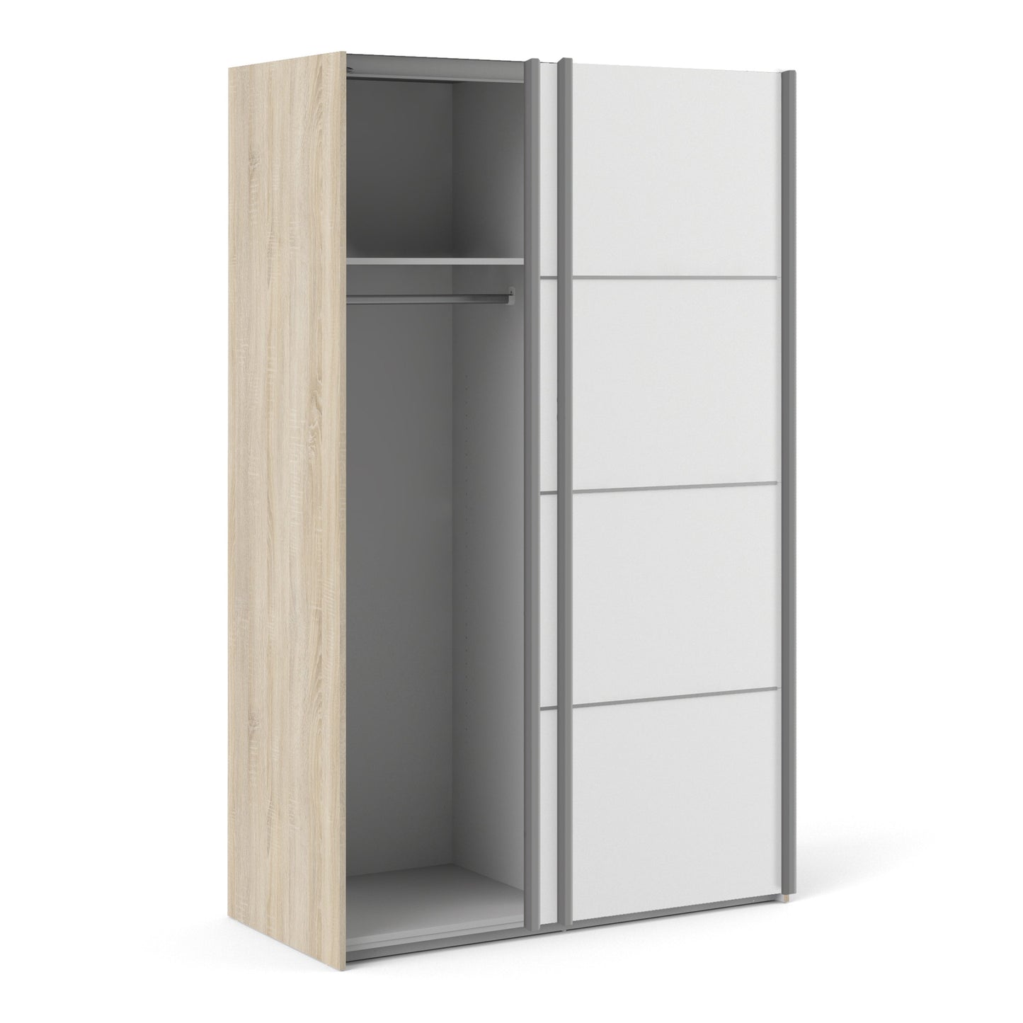 Colección 'Patsy'. Armario corredero de 120 cm en roble con puertas blancas y 2 estantes