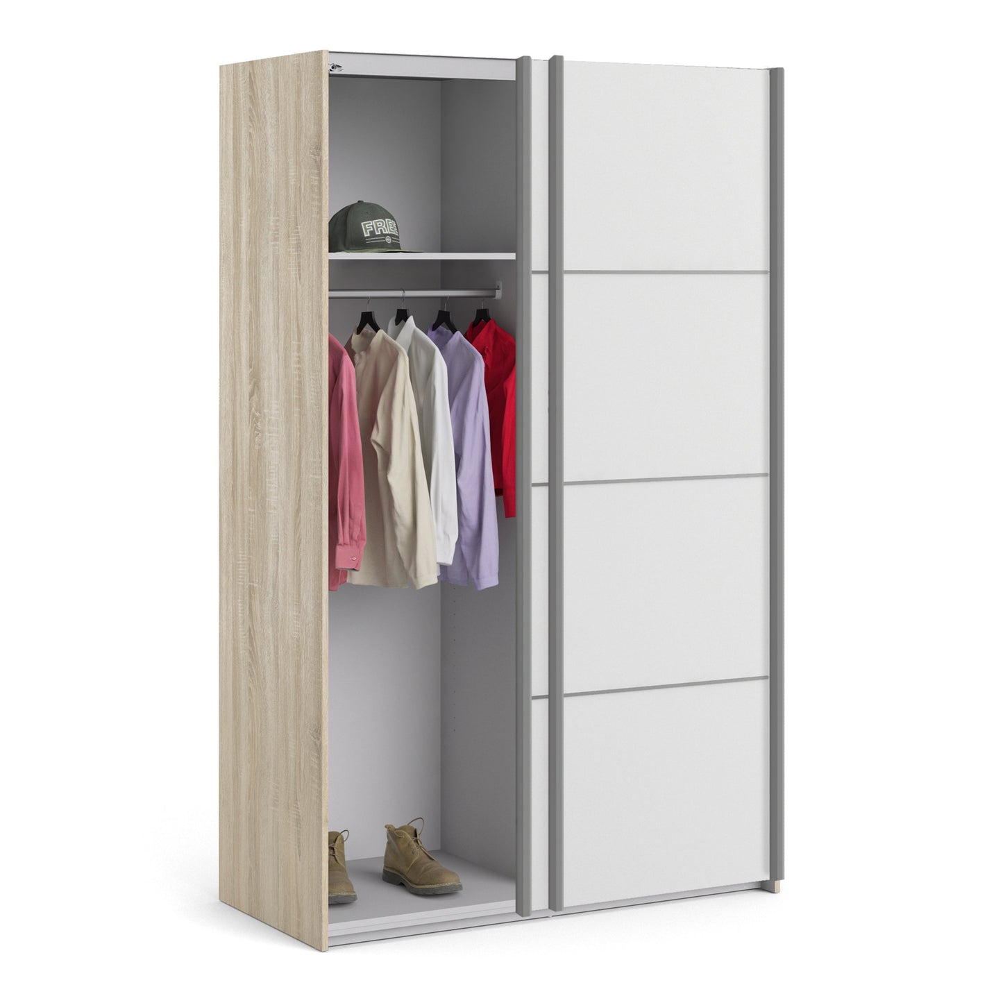 Colección 'Patsy'. Armario corredero de 120 cm en roble con puertas blancas y 2 estantes