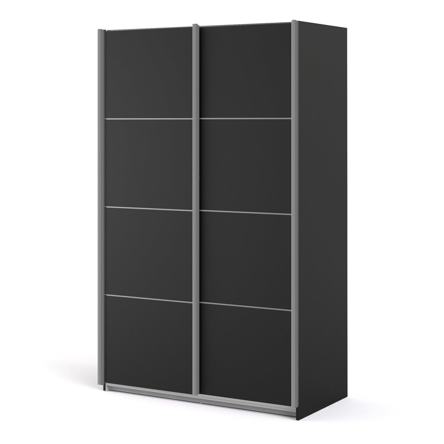 La collection « Patsy ». Armoire coulissante 120 cm en noir mat avec portes noires mates et 2 étagères