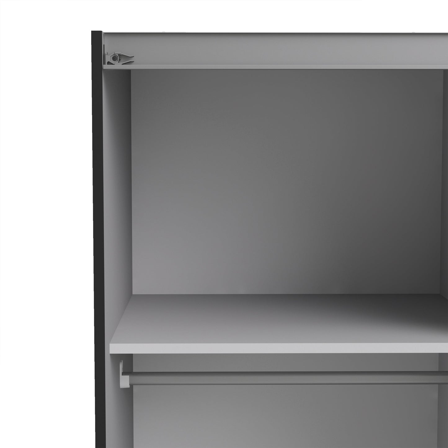 La collection « Patsy ». Armoire coulissante 120 cm en noir mat avec portes noires mates et 2 étagères