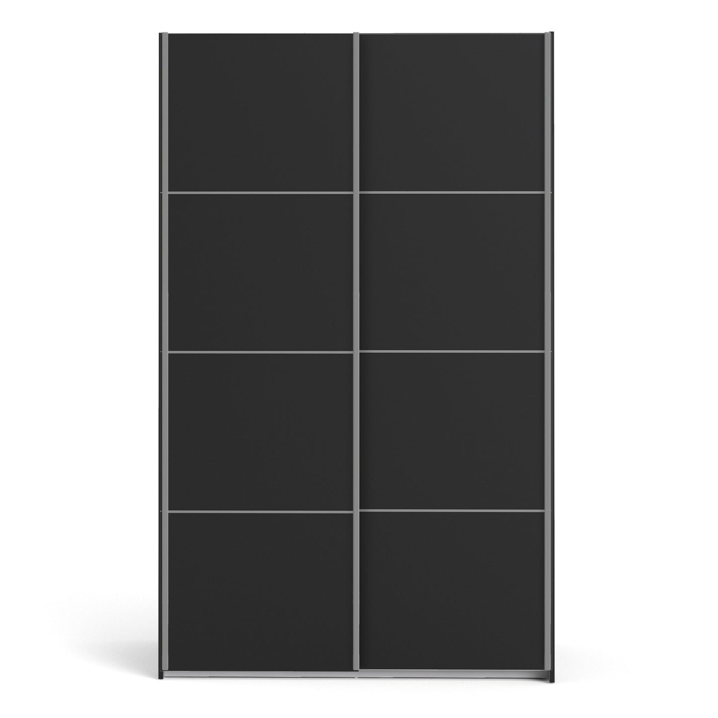 La collection « Patsy ». Armoire coulissante 120 cm en noir mat avec portes noires mates et 2 étagères