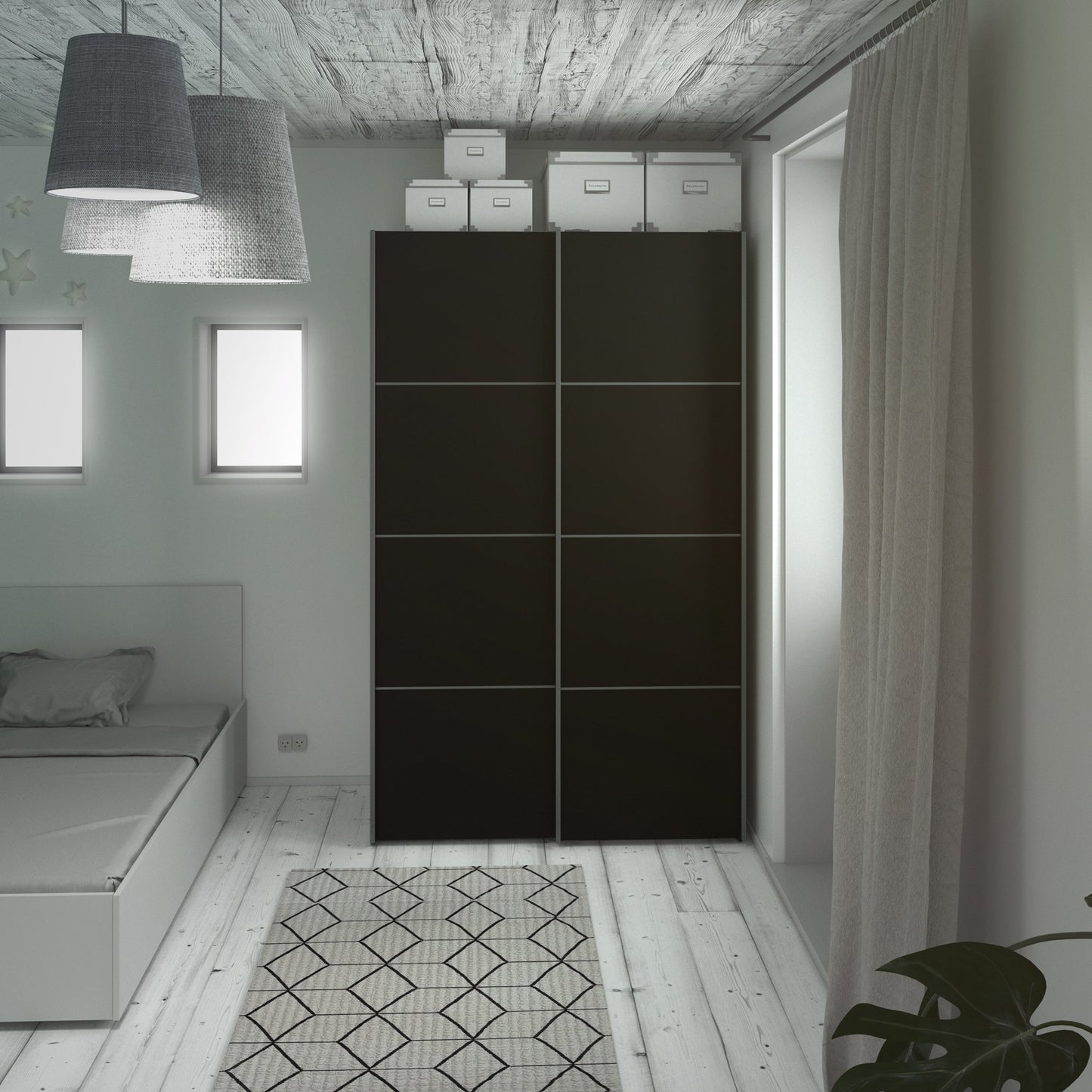 La collection « Patsy ». Armoire coulissante 120 cm en noir mat avec portes noires mates et 2 étagères