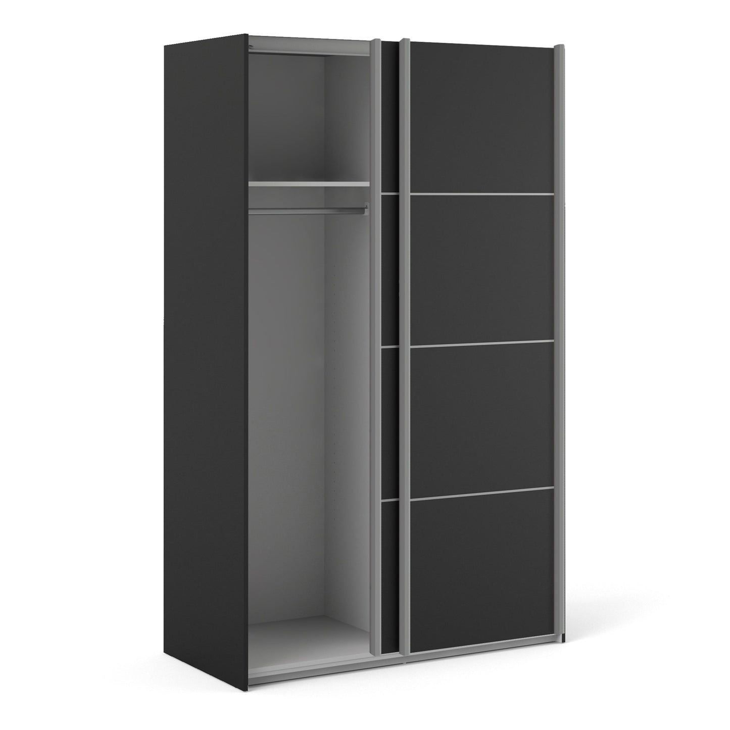 La collection « Patsy ». Armoire coulissante 120 cm en noir mat avec portes noires mates et 2 étagères