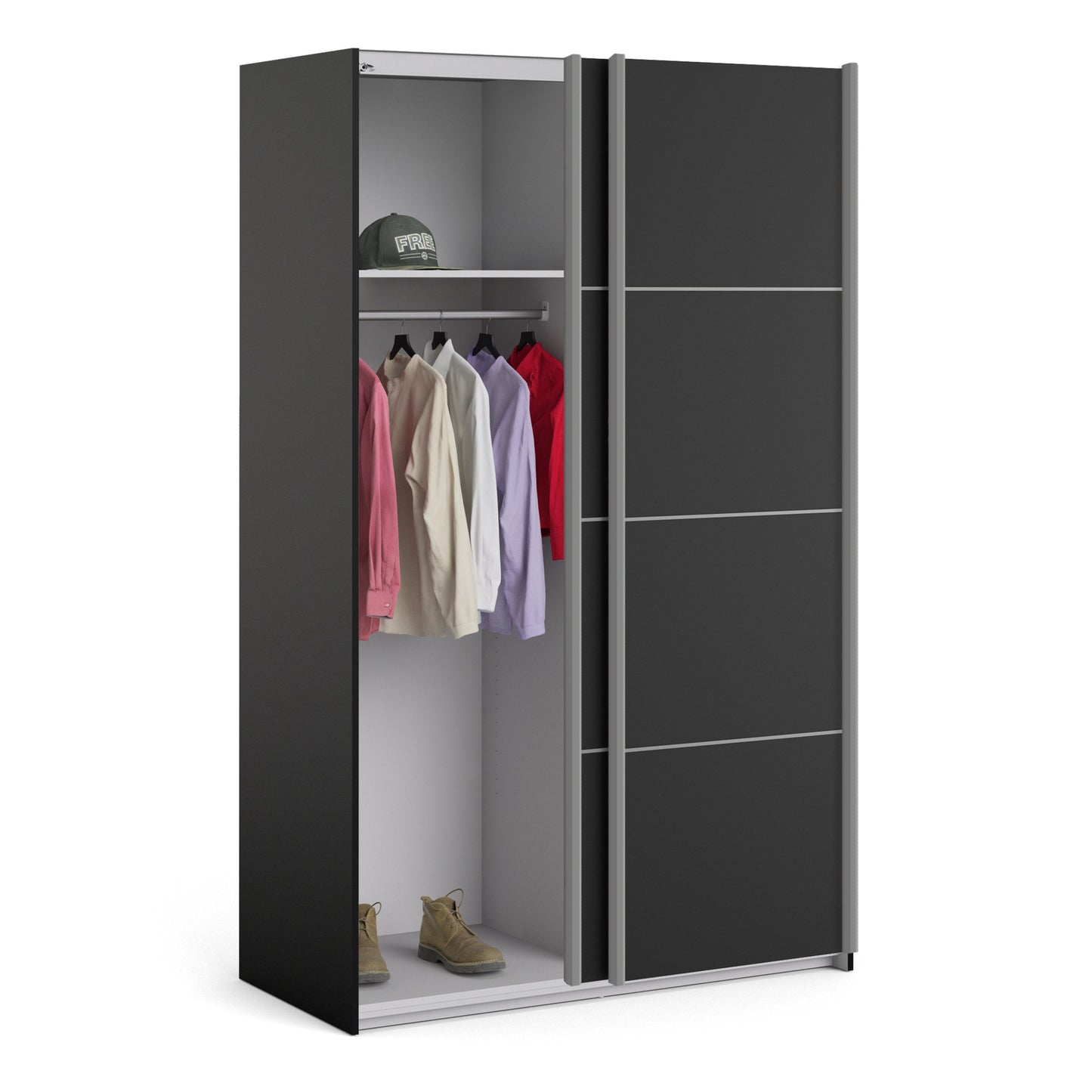 La collection « Patsy ». Armoire coulissante 120 cm en noir mat avec portes noires mates et 2 étagères
