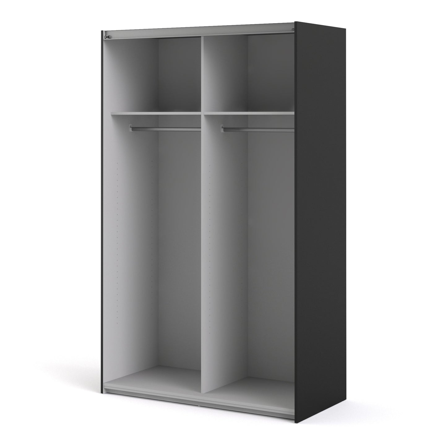 La collection « Patsy ». Armoire coulissante 120 cm en noir mat avec portes noires mates et 2 étagères