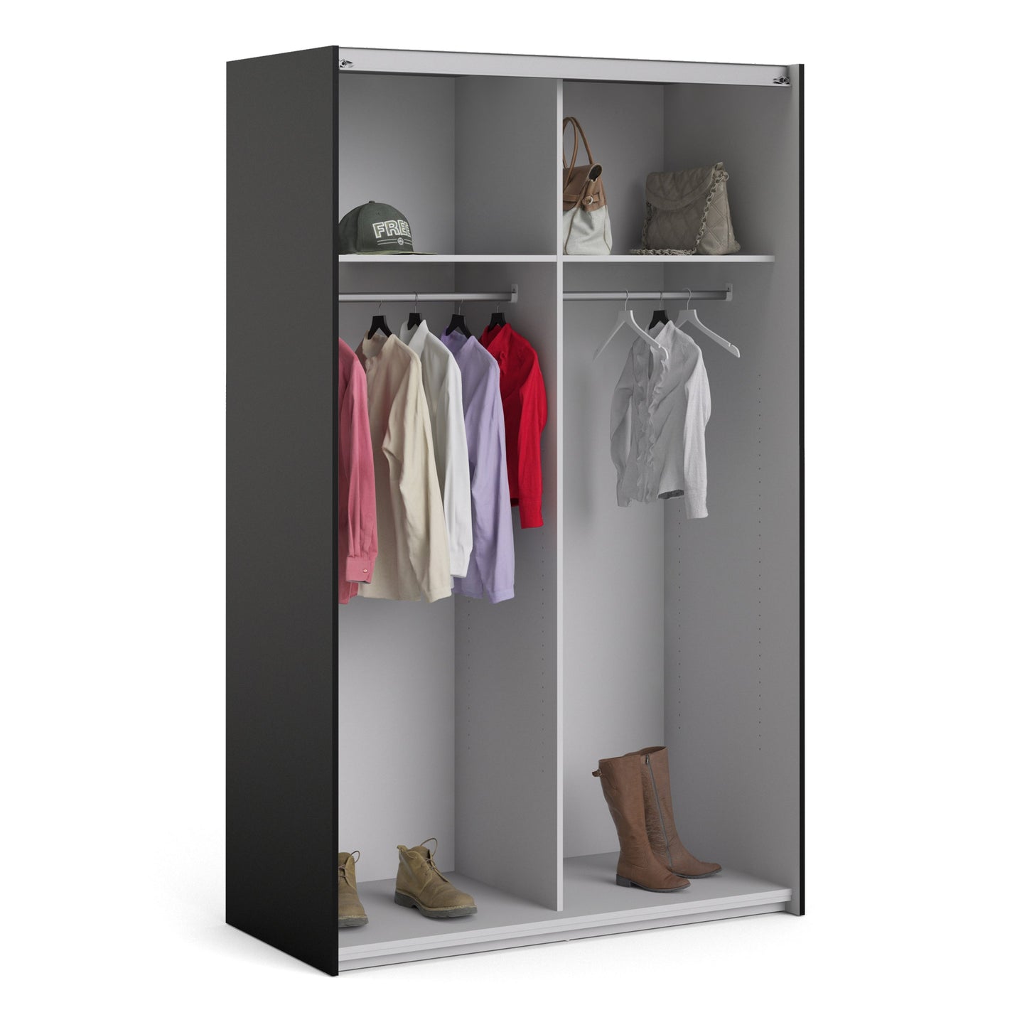La collection « Patsy ». Armoire coulissante 120 cm en noir mat avec portes noires mates et 2 étagères