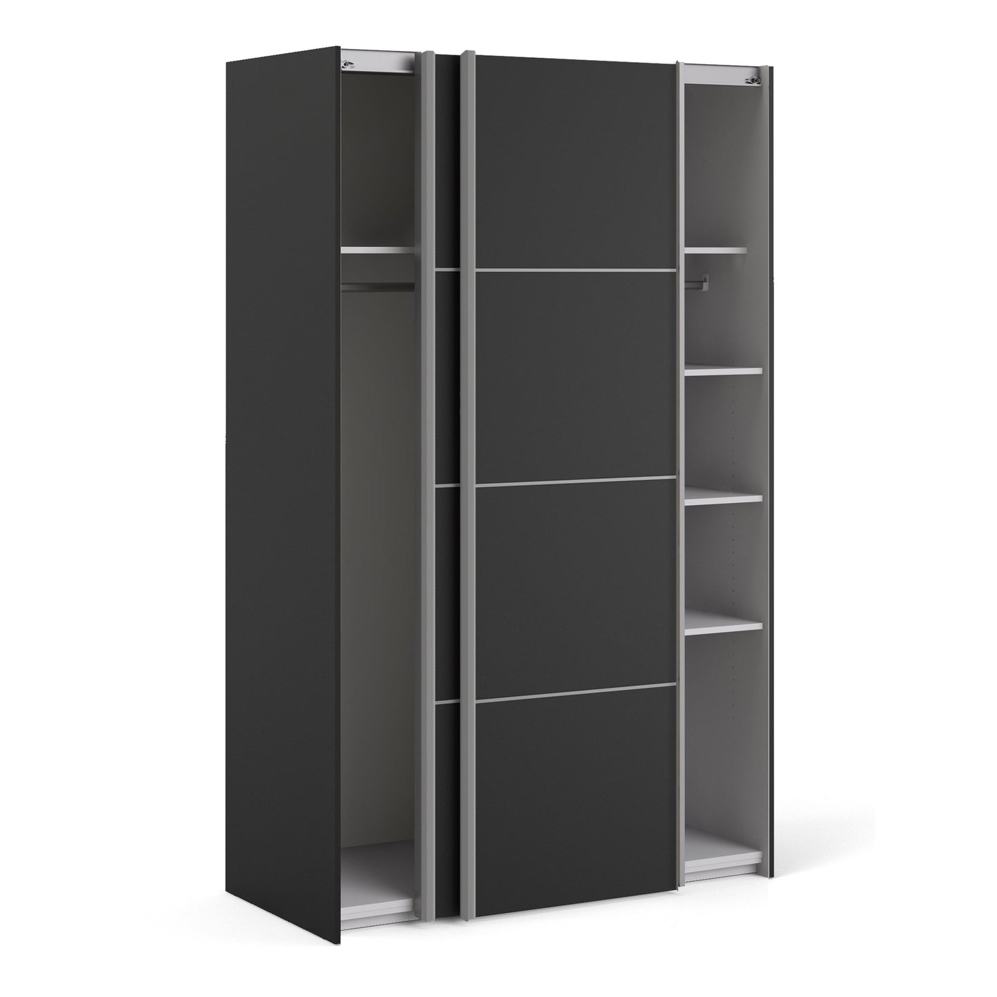 Colección 'Patsy'. Armario corredero de 120 cm en negro mate con puertas en negro mate y 5 estantes