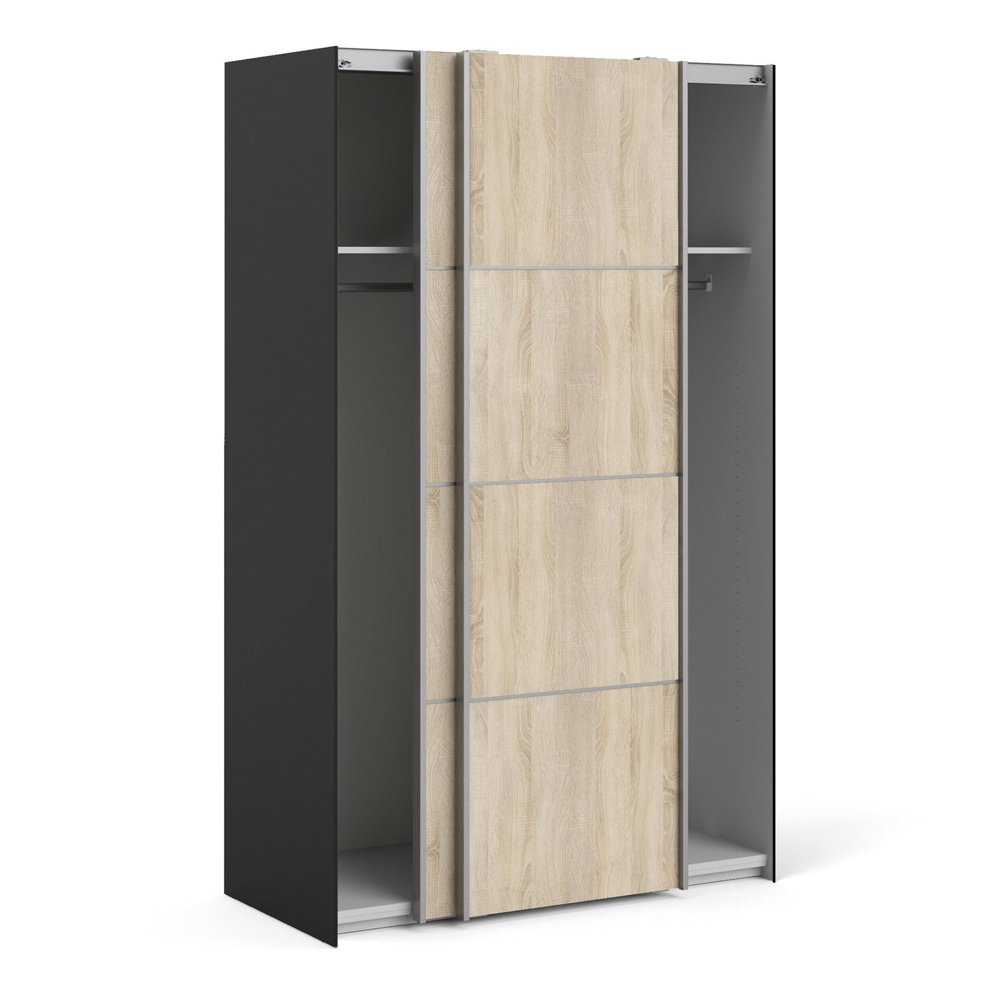 La collection « Patsy ». Armoire coulissante 120 cm en noir mat avec portes en chêne et 2 étagères