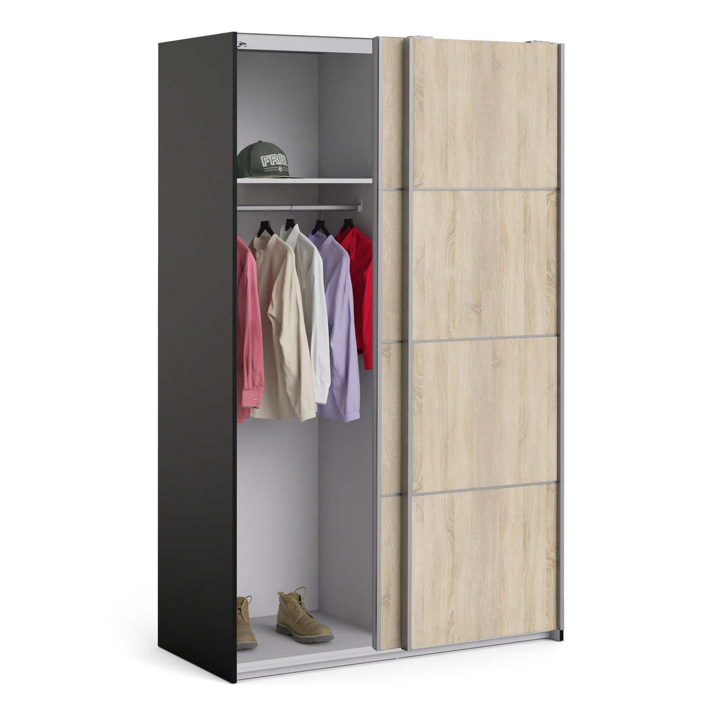 La collection « Patsy ». Armoire coulissante 120 cm en noir mat avec portes en chêne et 2 étagères