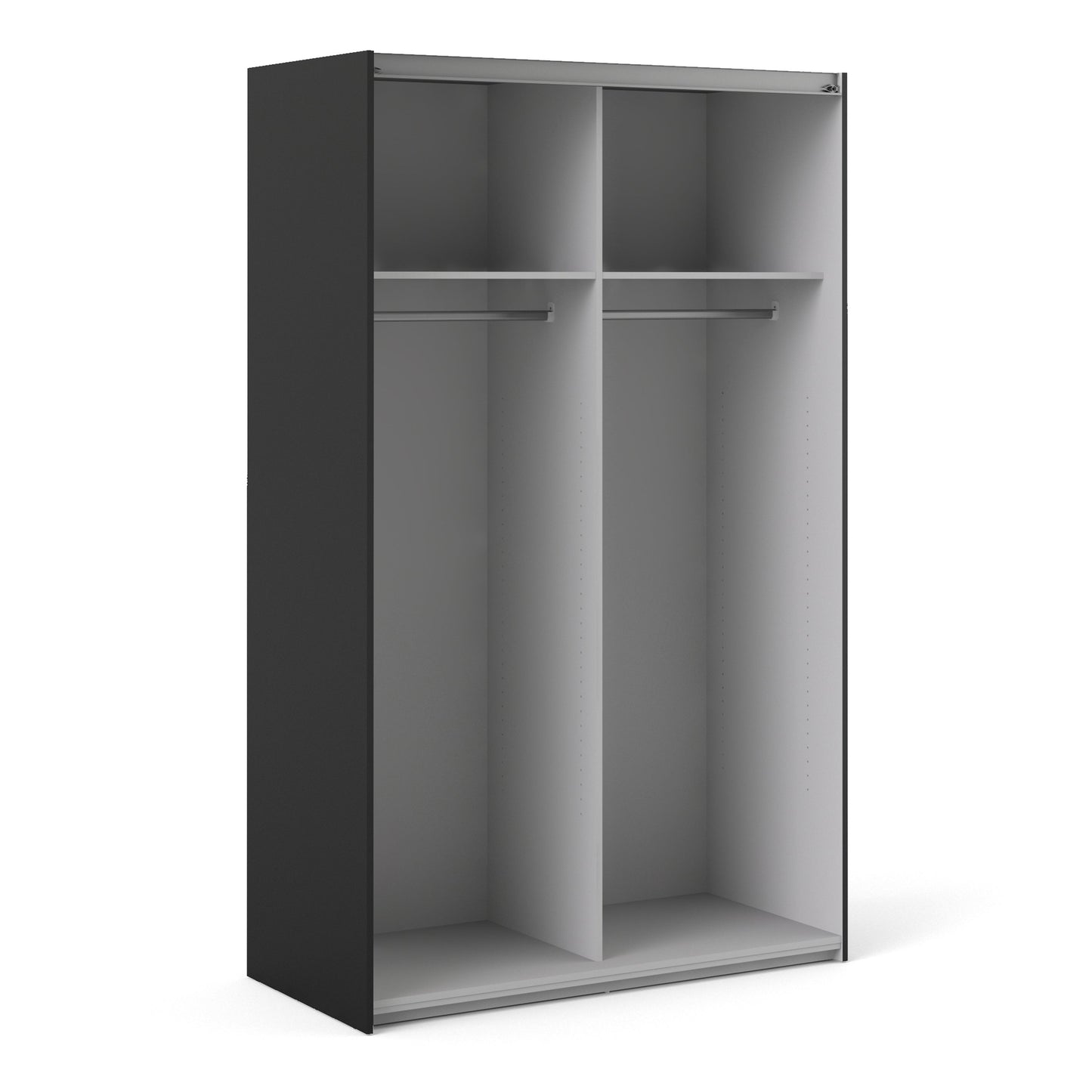 La collection « Patsy ». Armoire coulissante 120 cm en noir mat avec portes en chêne et 2 étagères