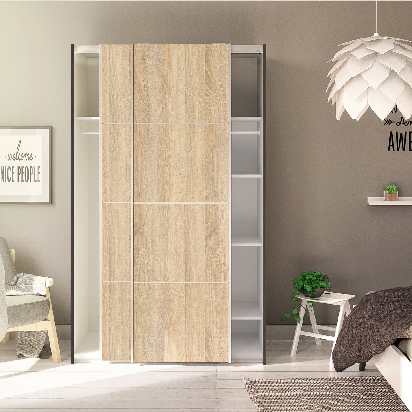 The 'Patsy' Collection. Sliding Wardrobe 120cm in Black Matt with Oak Doors with 5 Shelves