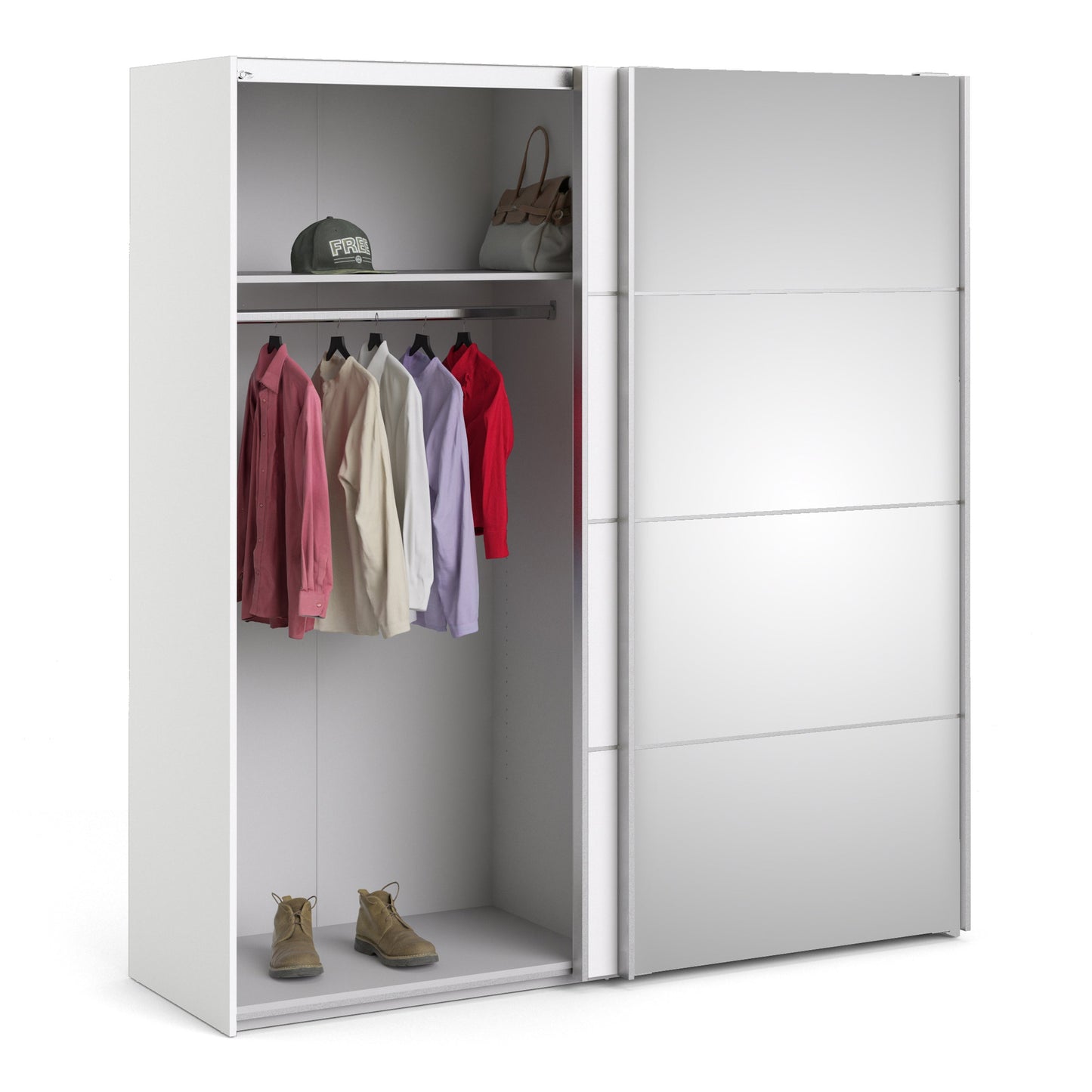 The 'Patsy' Collection. Sliding Wardrobe 180cm in White with White and Mirror Doors with 2 Shelves