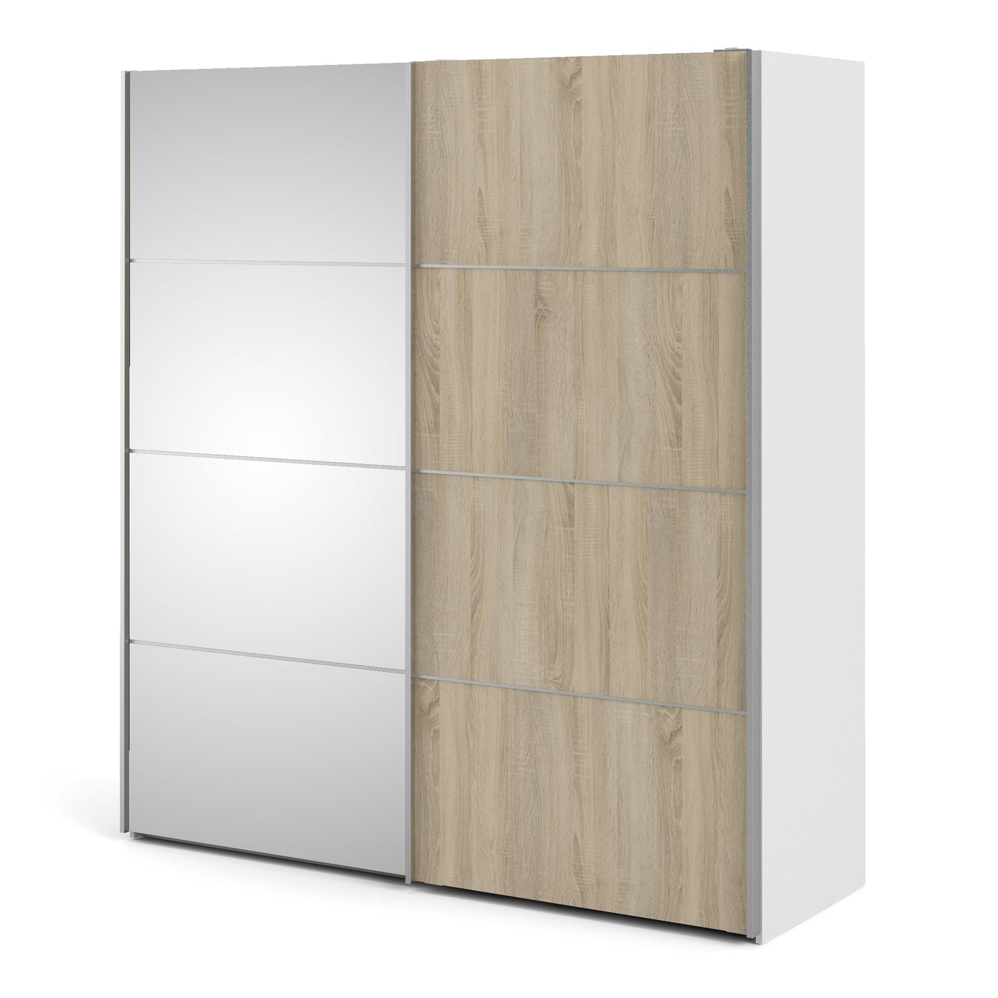 The 'Patsy' Collection. Sliding Wardrobe 180cm in White with Oak and Mirror Doors with 5 Shelves
