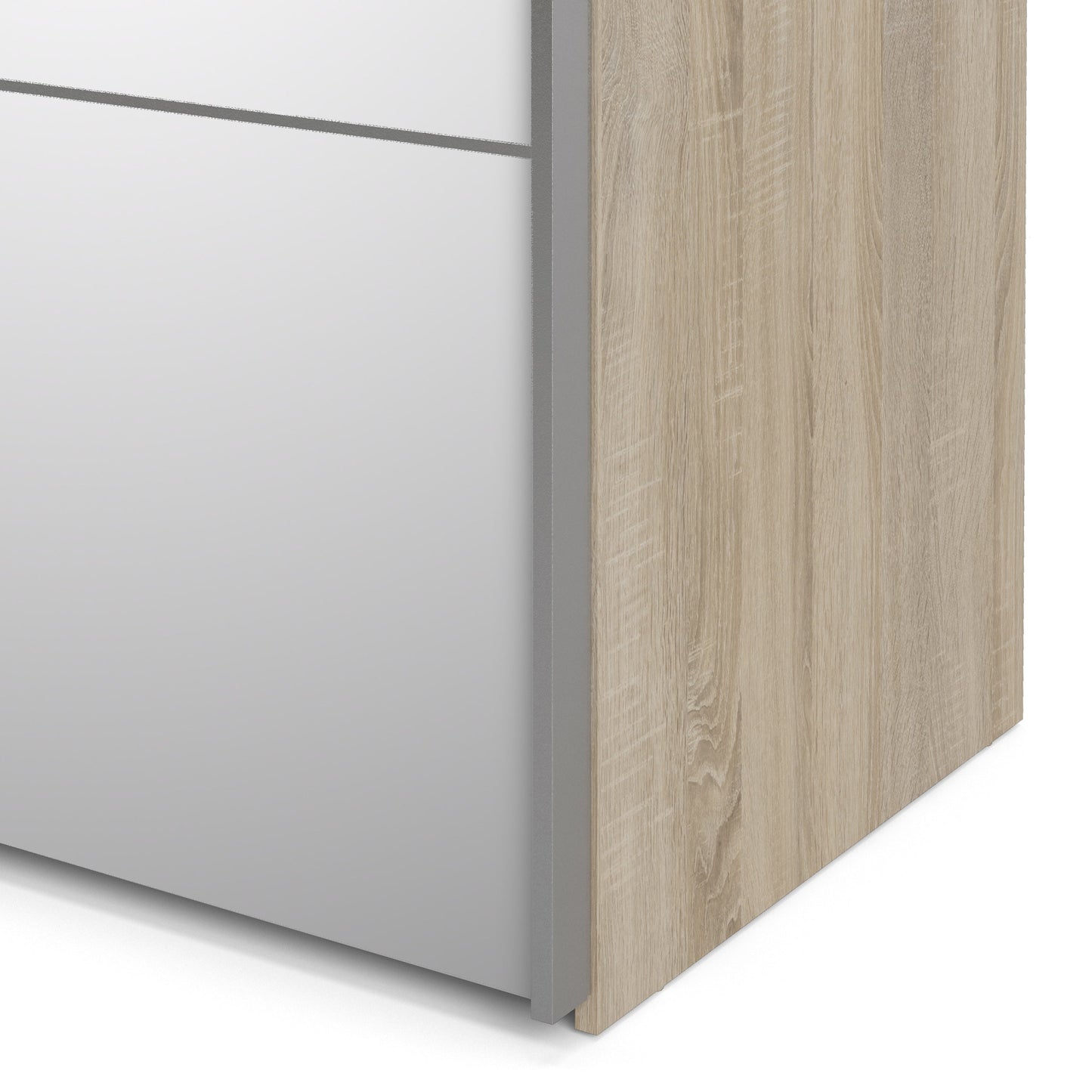 The 'Patsy' Collection. Sliding Wardrobe 180cm in White with Oak and Mirror Doors with 5 Shelves