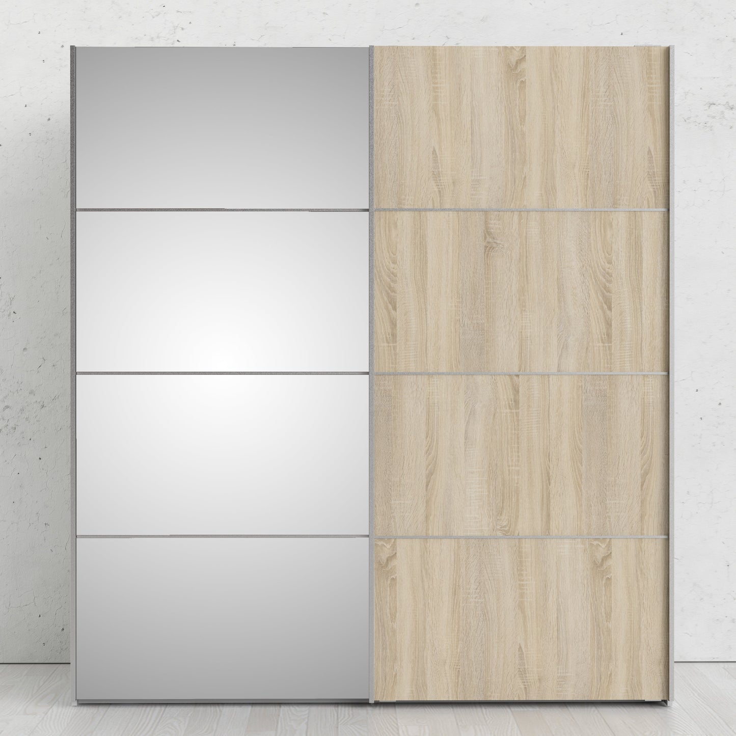 The 'Patsy' Collection. Sliding Wardrobe 180cm in White with Oak and Mirror Doors with 5 Shelves