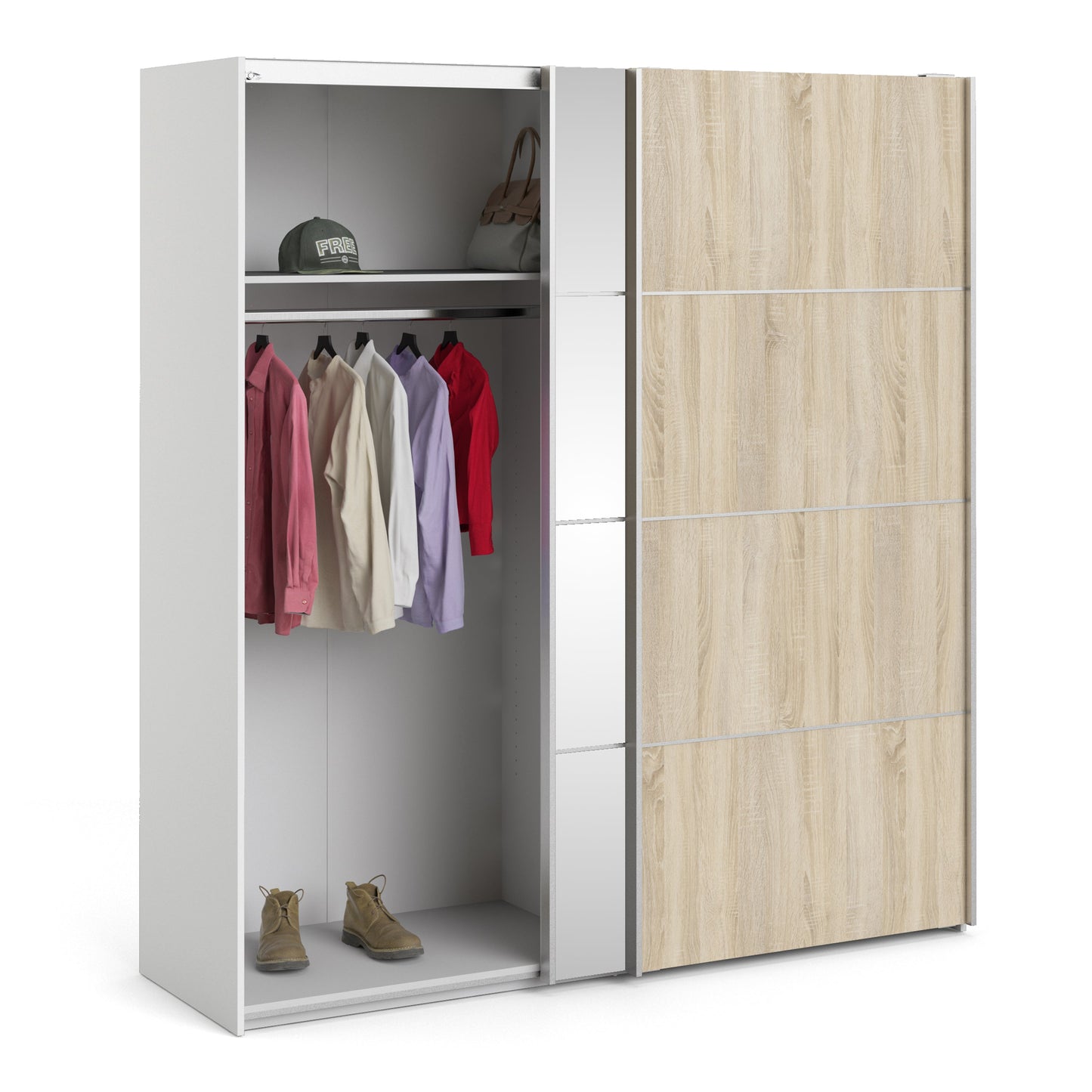 The 'Patsy' Collection. Sliding Wardrobe 180cm in White with Oak and Mirror Doors with 5 Shelves