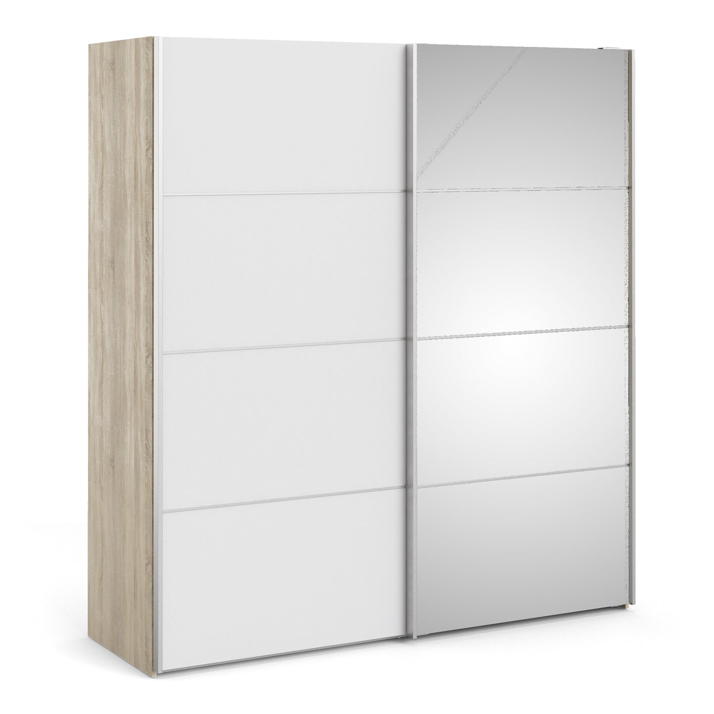 The 'Patsy' Collection. Sliding Wardrobe 180cm in Oak with White and Mirror Doors with 5 Shelves