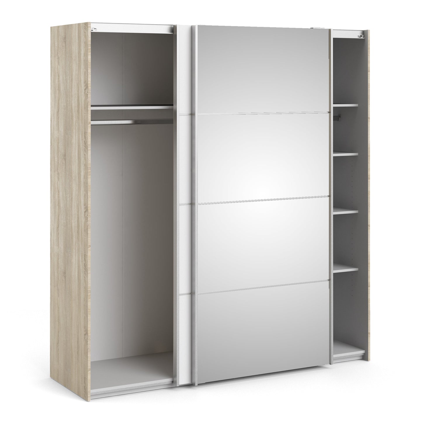 The 'Patsy' Collection. Sliding Wardrobe 180cm in Oak with White and Mirror Doors with 5 Shelves