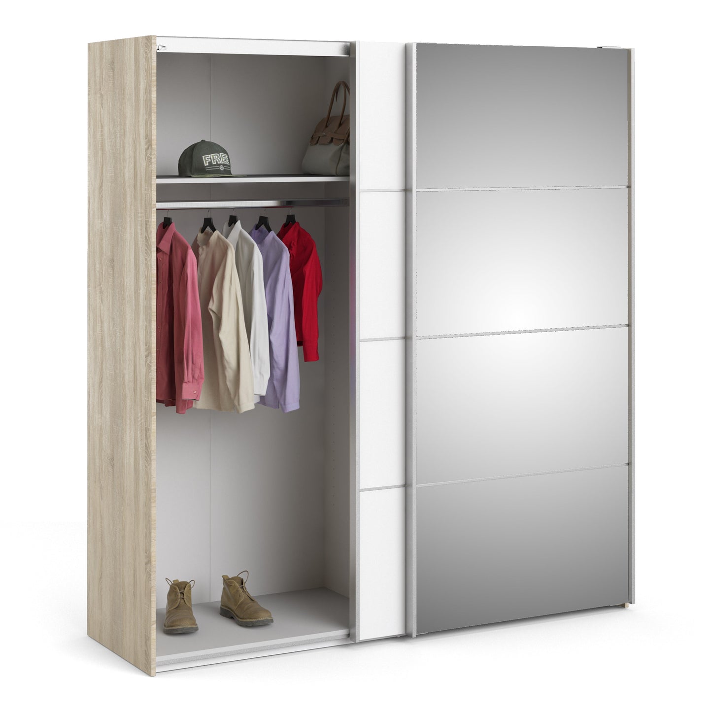 The 'Patsy' Collection. Sliding Wardrobe 180cm in Oak with White and Mirror Doors with 5 Shelves