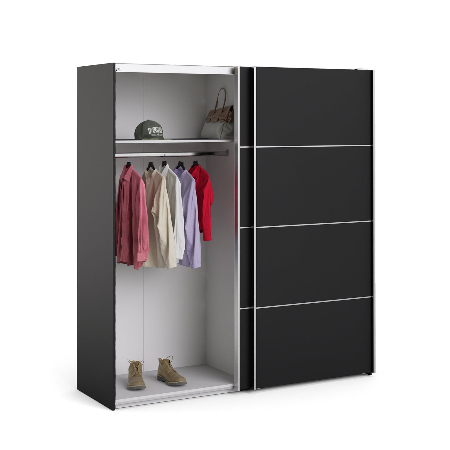 The 'Patsy' Collection. Sliding Wardrobe 180cm in Black Matt with Black Matt Doors with 2 Shelves