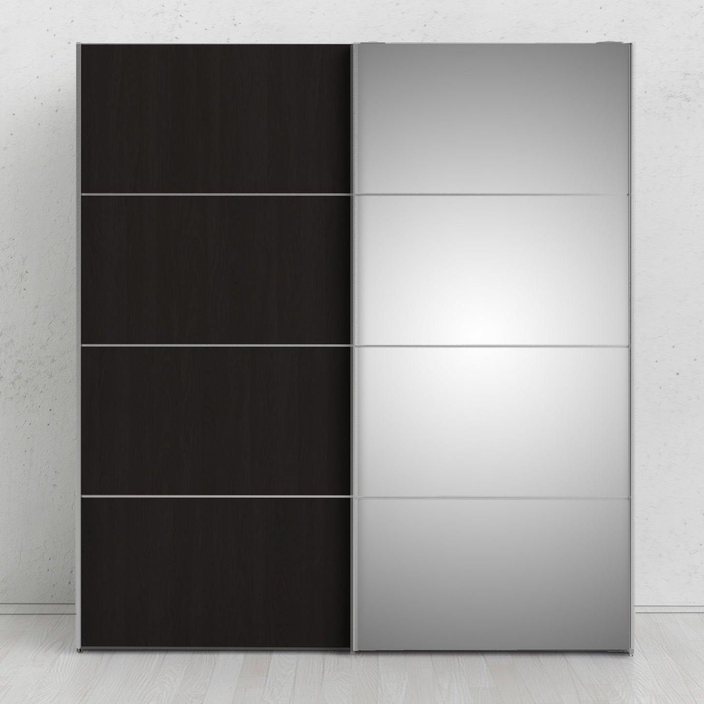 The 'Patsy' Collection. Sliding Wardrobe 180cm in Black Matt with Black Matt and Mirror Doors with 2 Shelves