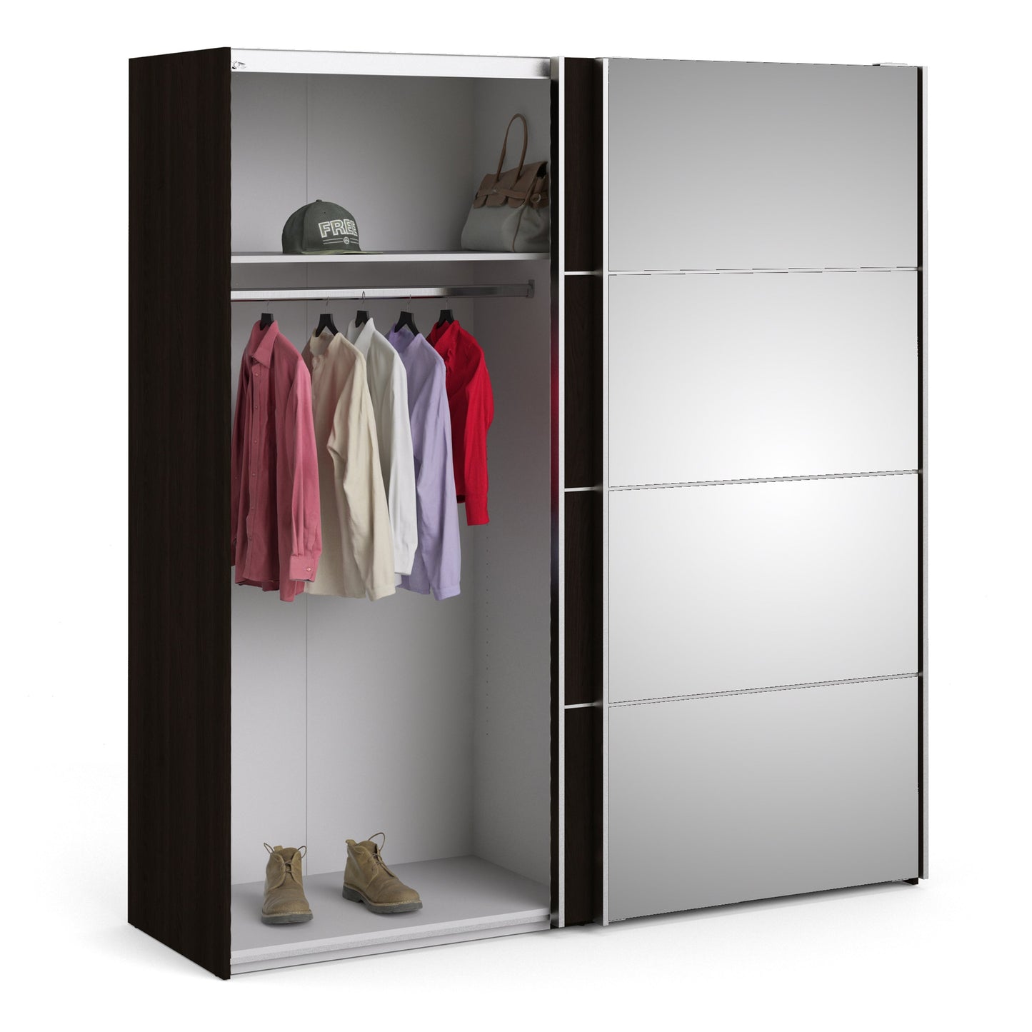 The 'Patsy' Collection. Sliding Wardrobe 180cm in Black Matt with Black Matt and Mirror Doors with 2 Shelves