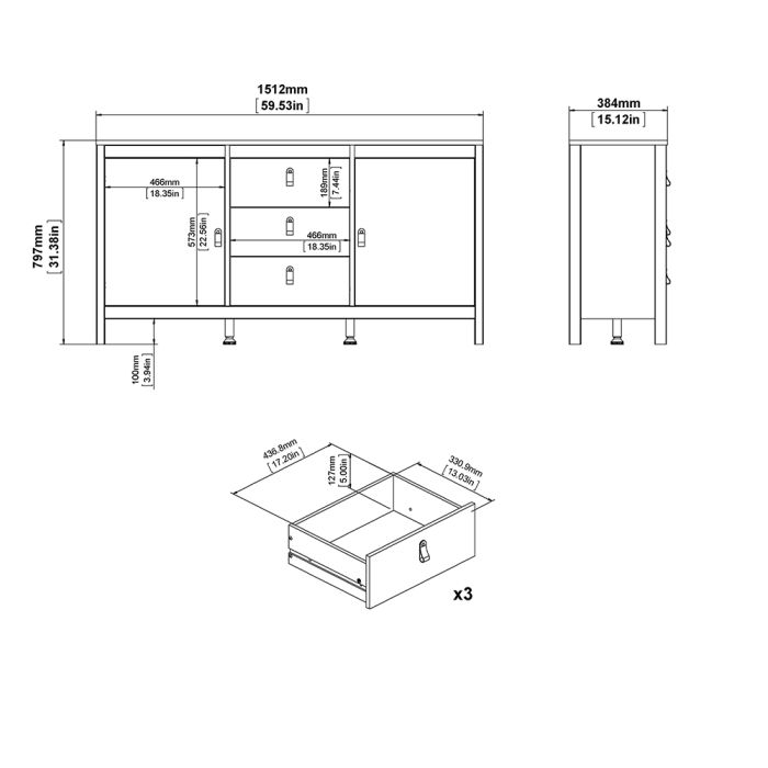 The 'Battle' Sideboard 2 Doors 3 Drawers in White