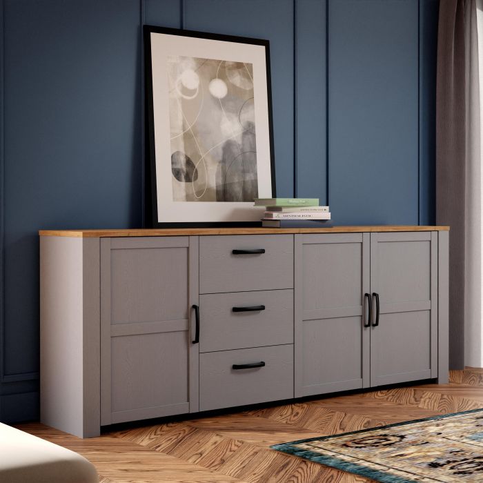 The 'Floyd' 3 Door 3 Drawer Large Sideboard in Oak/Grey