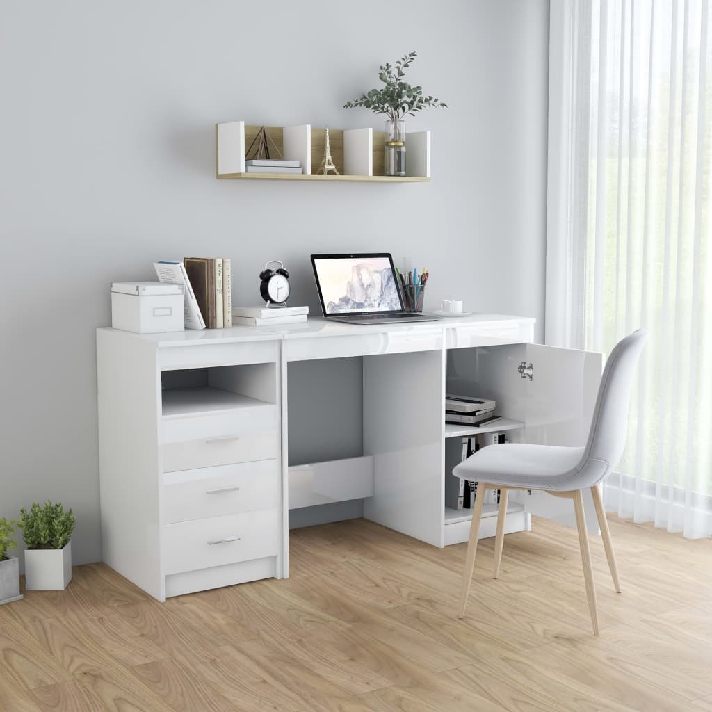 Desk High Gloss White 140x50x76 cm Engineered Wood