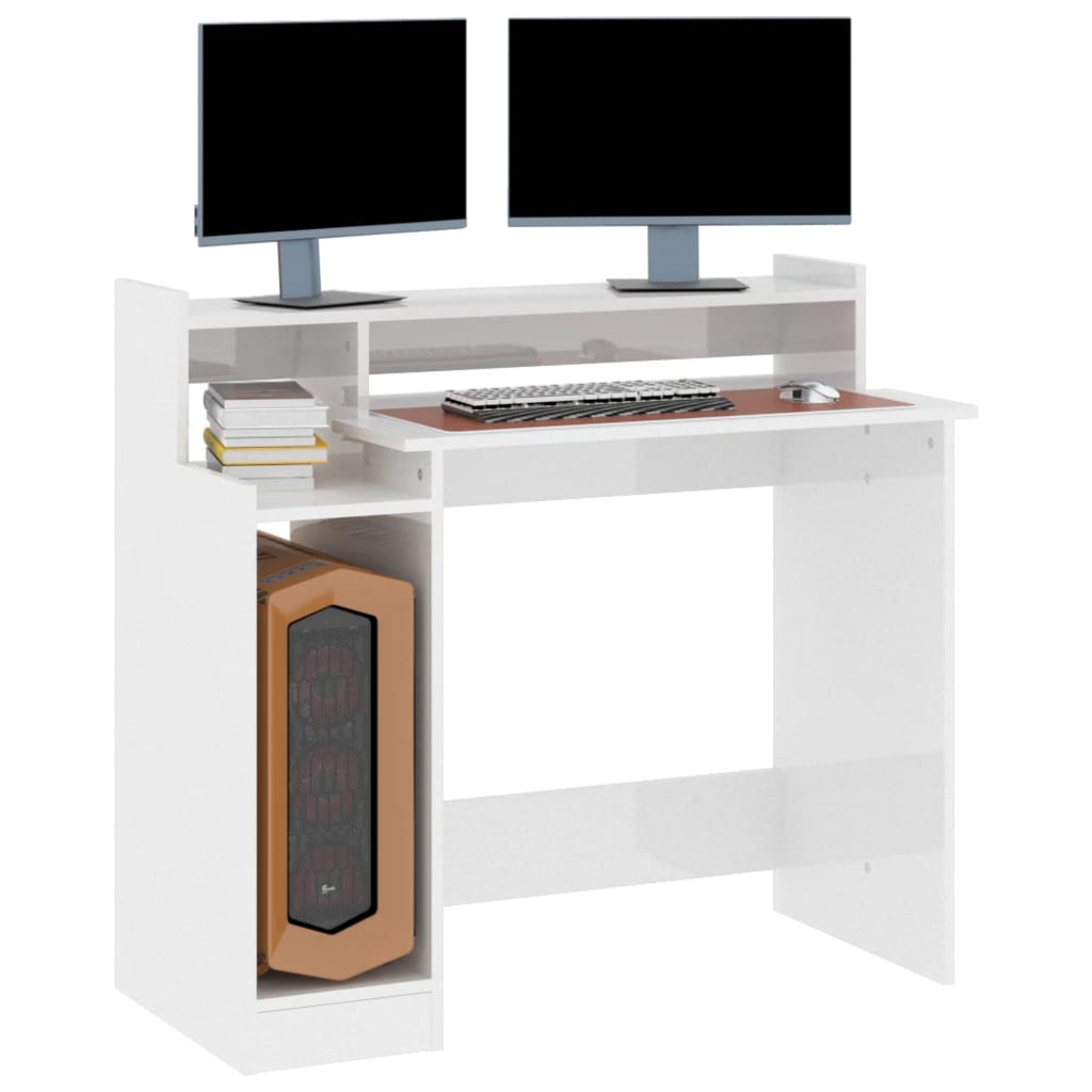 Desk with LED Lights High Gloss White 97x45x90 cm Engineered Wood