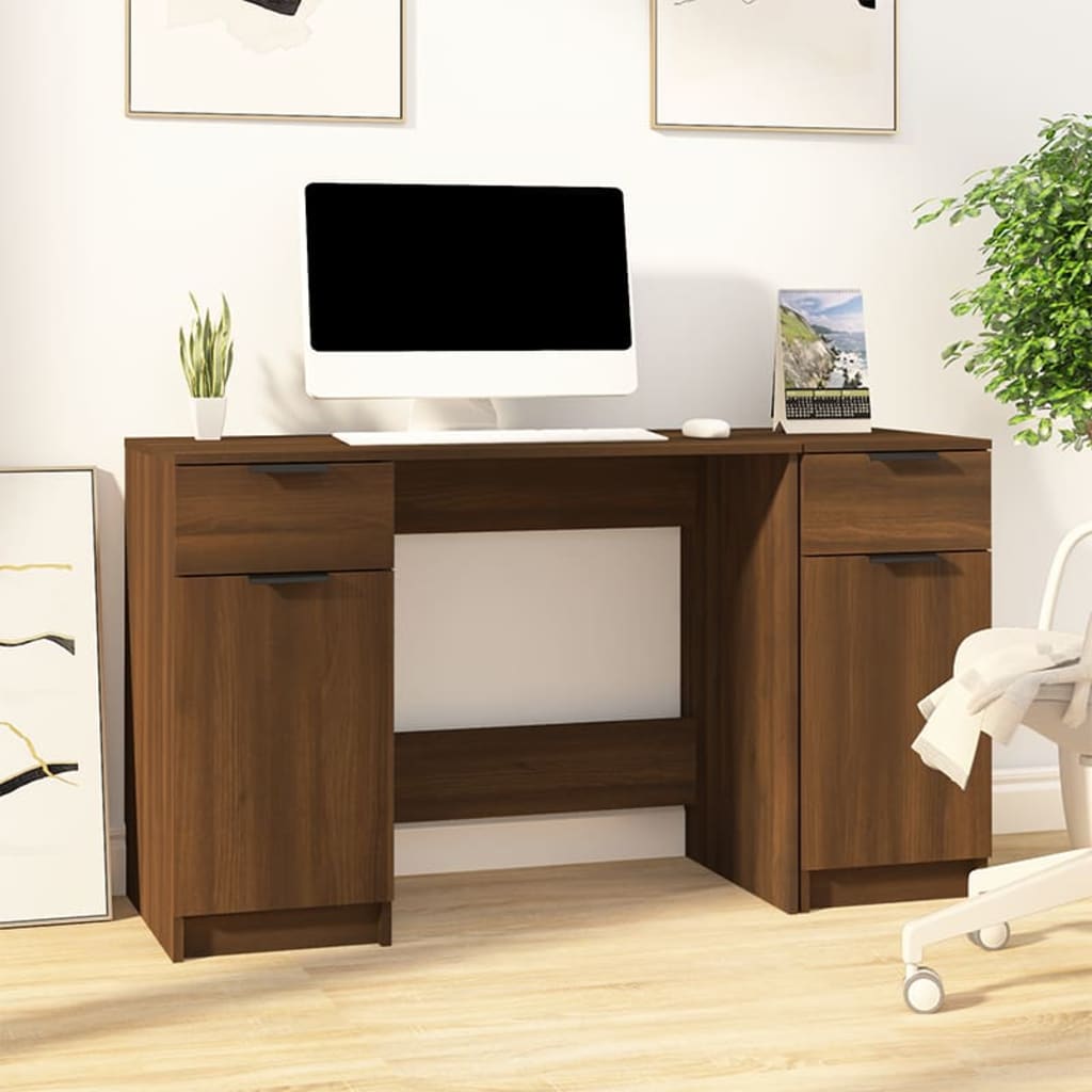 Desk with Side Cabinet Brown Oak Engineered Wood