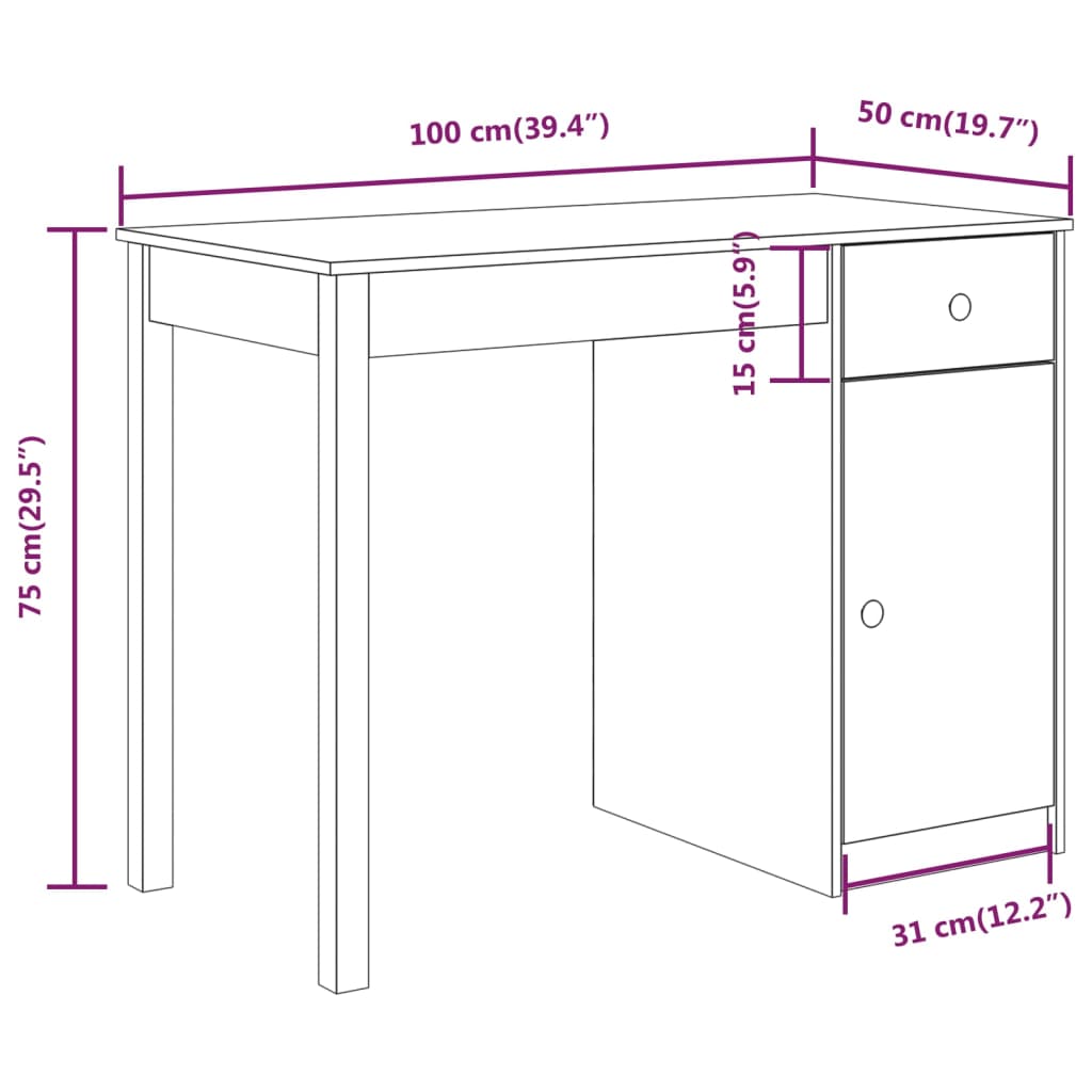 Bureau 100x50x75 cm Bois Massif Pin