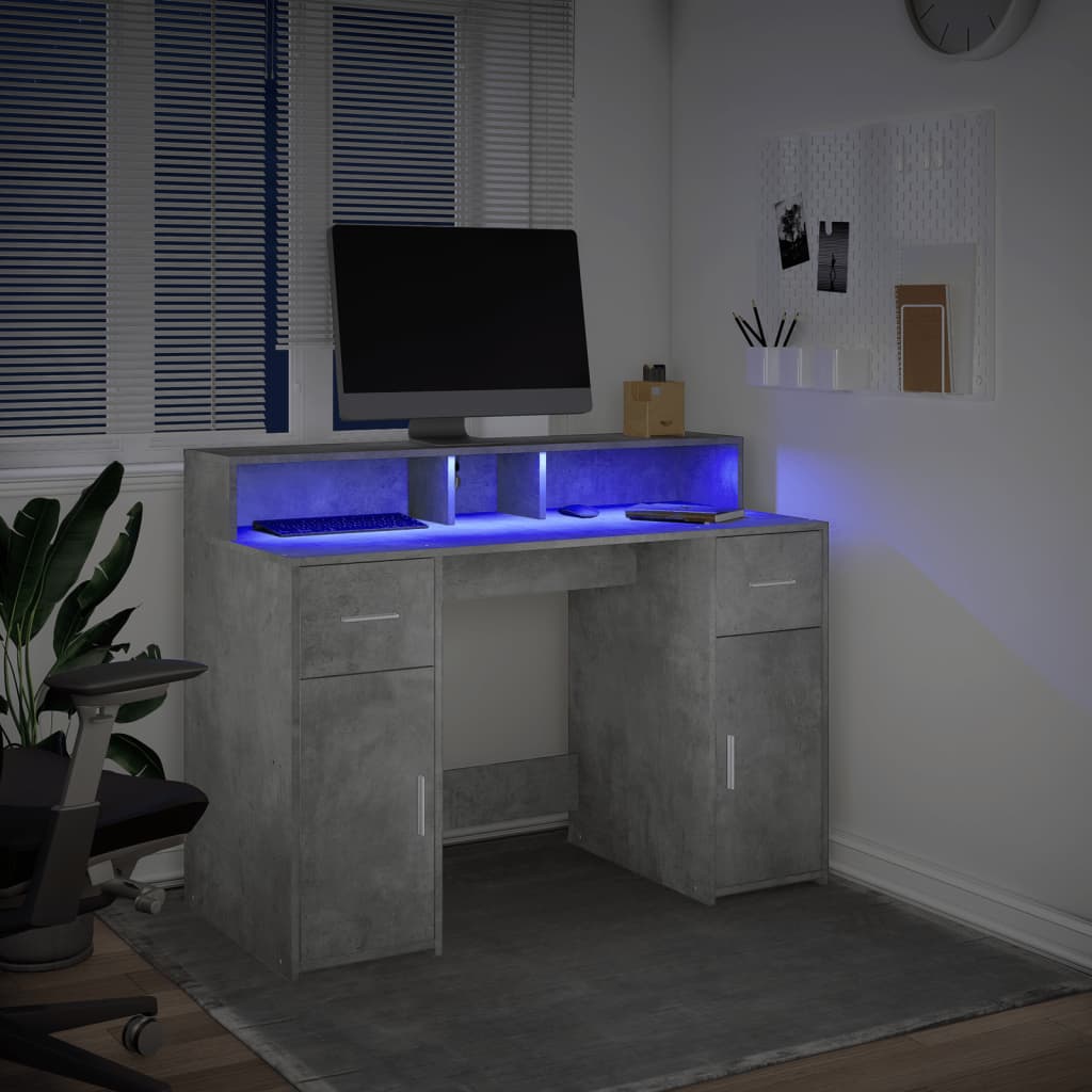 Bureau avec lumières LED Gris béton 120x55x91 cm Bois composite