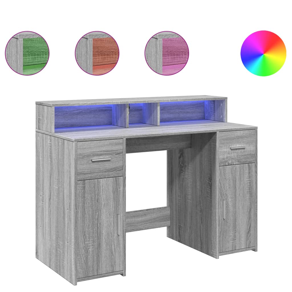 Bureau avec lumières LED Gris Sonoma 120x55x91 cm Bois composite