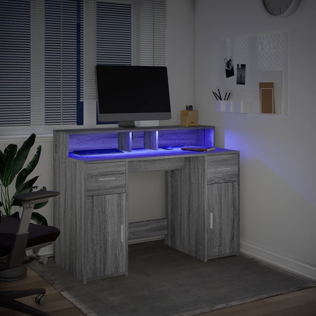 Bureau avec lumières LED Gris Sonoma 120x55x91 cm Bois composite