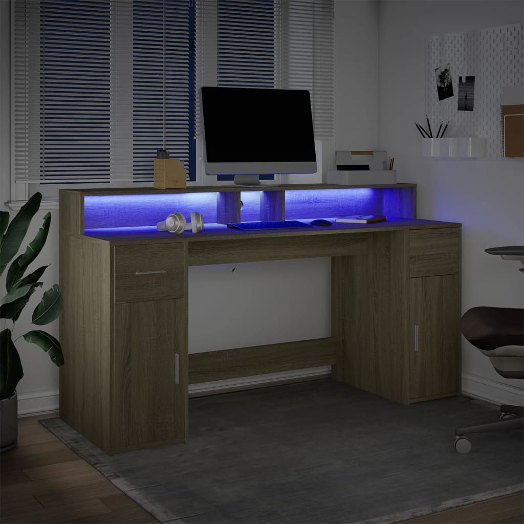 Escritorio con luces LED Roble Sonoma 160x55x91 cm Madera de ingeniería