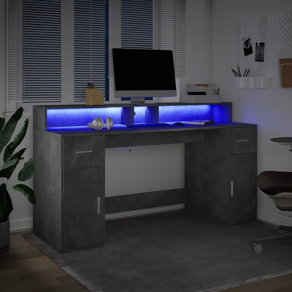 Bureau avec lumières LED Gris béton 160x55x91 cm Bois composite