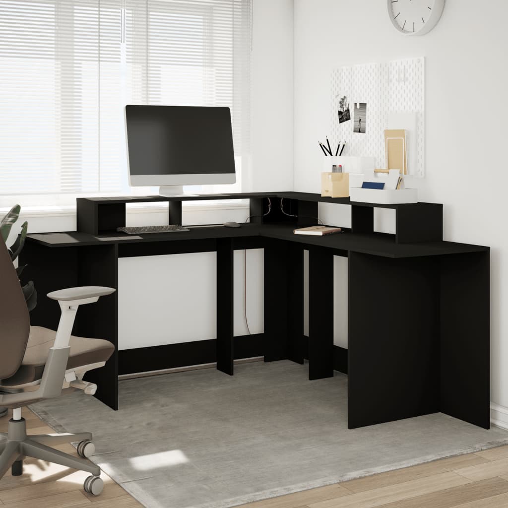 Bureau avec lumières LED Noir 152x152x91 cm Bois composite