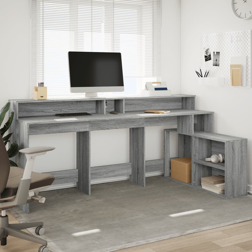 Bureau avec lumières LED Gris Sonoma 200x104x91 cm Bois composite
