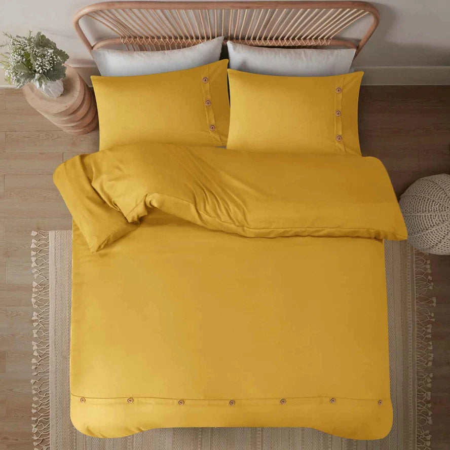 Parure de lit avec housse de couette en coton moutarde à boutons en bois de qualité supérieure